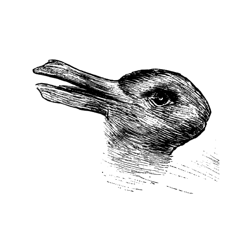 A black and white drawing of a duck's head